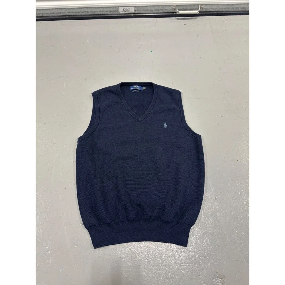 Polo Ralph Lauren Mens Pima Cotton V-Neck Sweater Vest Navy Blue Large L